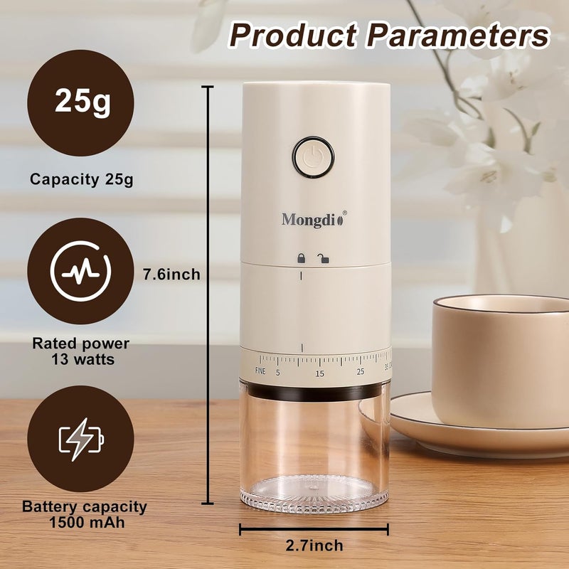 Mongdio Portable Electric Coffee Bean Grinder with 38 Adjustable Settings, Rechargeable Coffee Grinders for Home Use, Coffee Grinder for Travel - White - Image 5